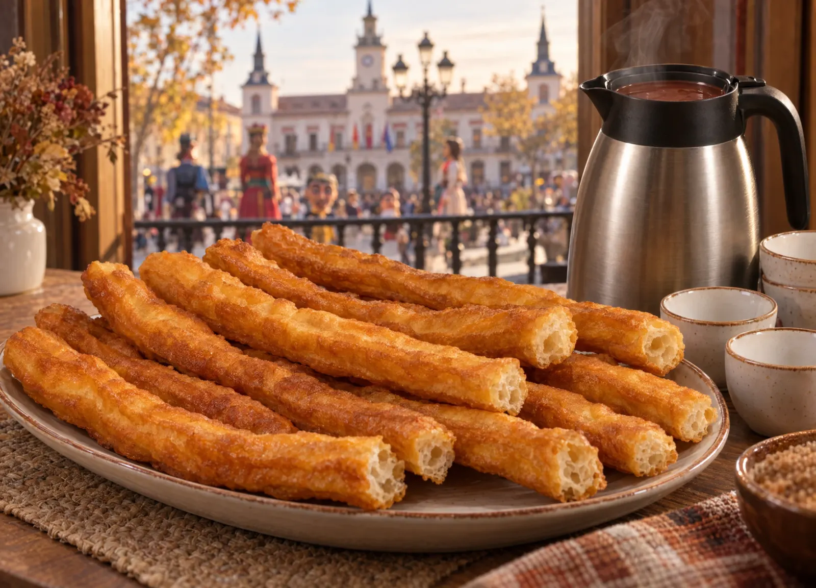 Diez porras artesanales con una jarra de un litro de chocolate cremoso y varias tazas