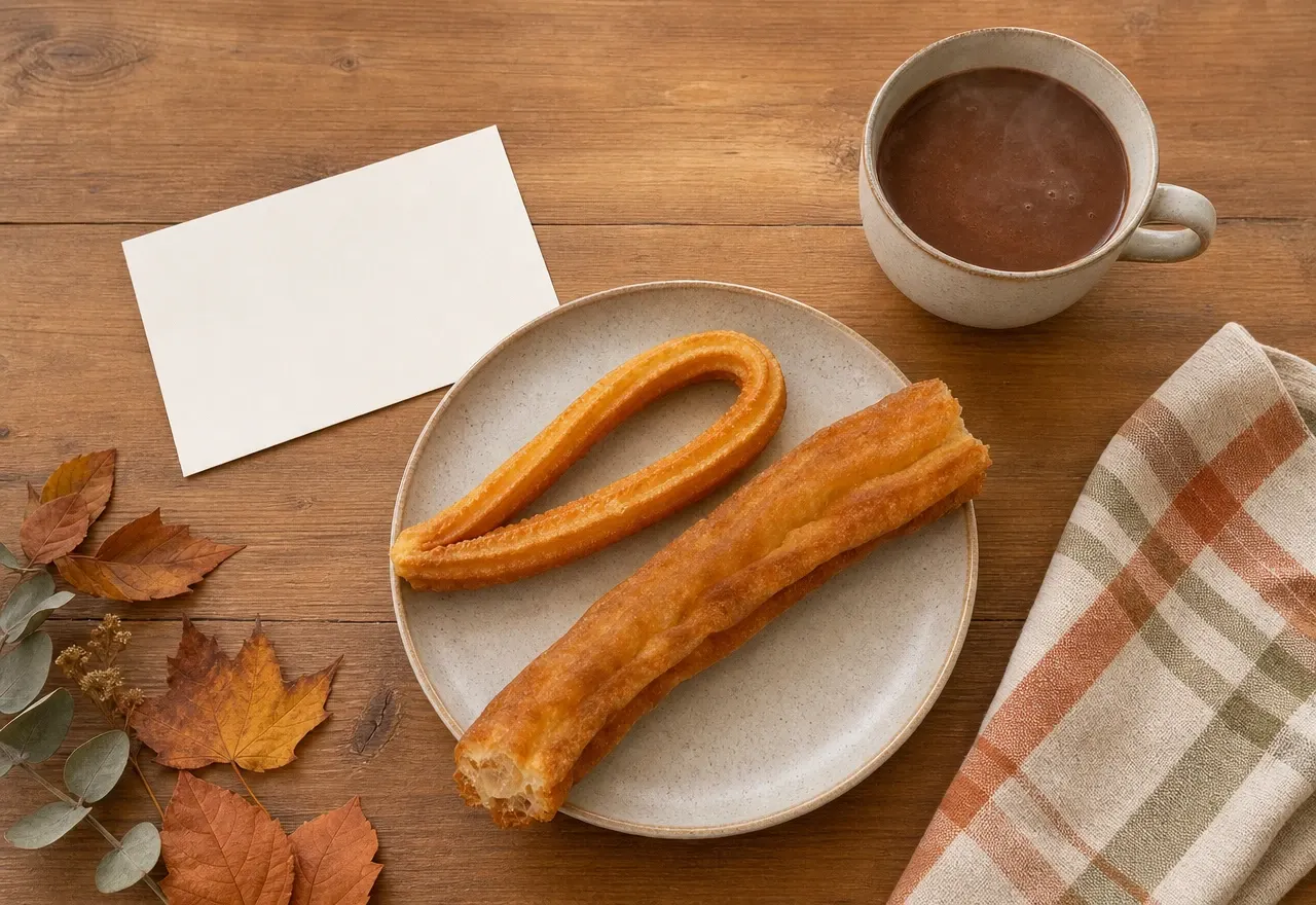 Mesa doméstica preparada para compartir churros, porras y chocolate durante el festivo en Torrejón de Ardoz