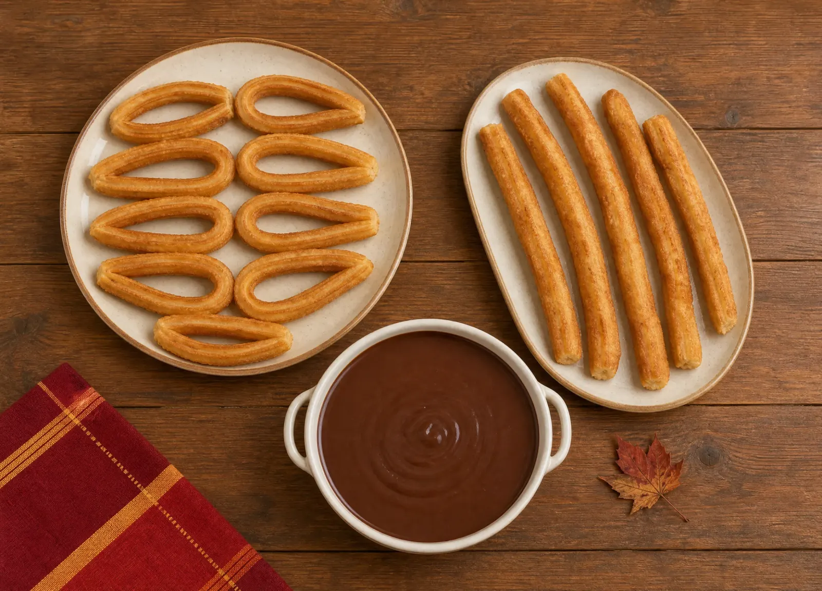Mesa familiar con 10 churros, 5 porras y un litro de chocolate del Pack Invierno para compartir el 12 de octubre.