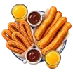Pack Dúo con 5 churros, 5 porras, 2 chocolates y 2 zumos presentado para compartir durante una jornada gastronómica en Torrejón de Ardoz.