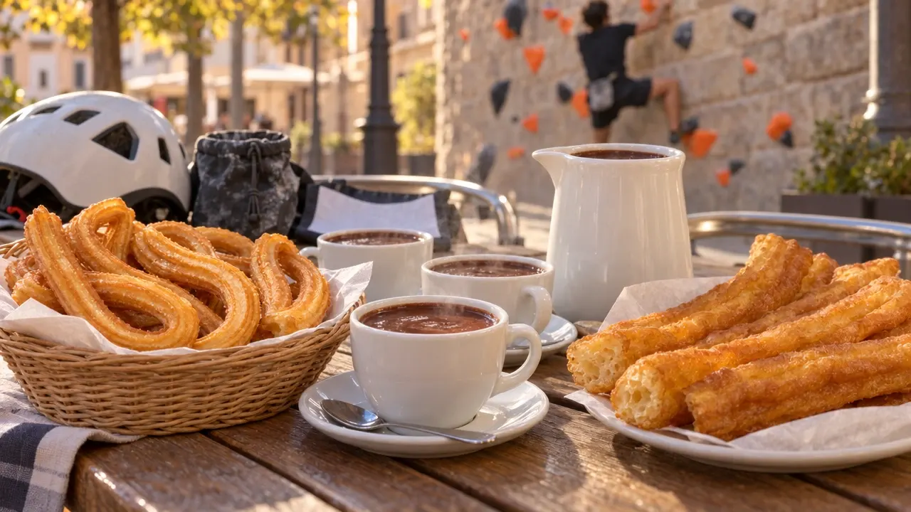 Churros y porras recién hechos junto a tazas de chocolate para compartir durante el fin de semana de Urban Climbing en Torrejón de Ardoz