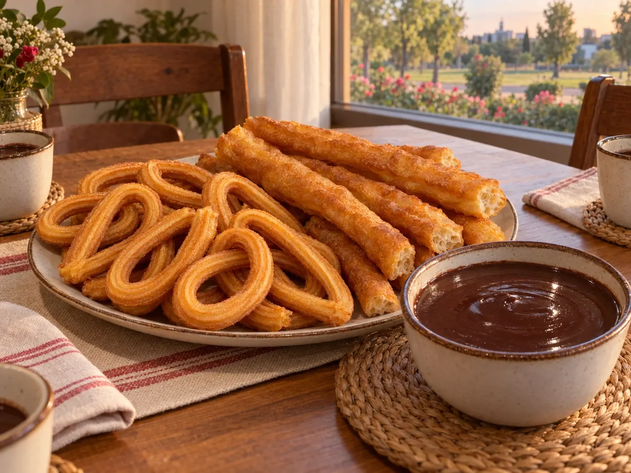 Pack Familiar con churros, porras y chocolate servido en una mesa para un grupo pequeño