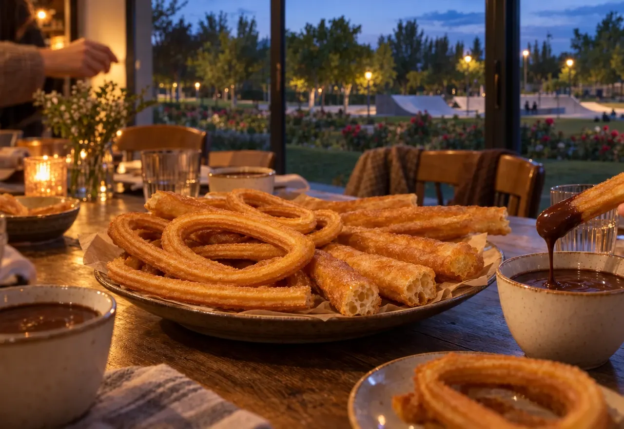 Mesa compartida al anochecer con churros, porras y chocolate en una casa de Torrejón de Ardoz