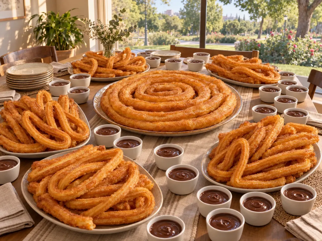 Mesa abundante con churros, rosca grande de porras y chocolates del Pack Grupo para compartir en casa