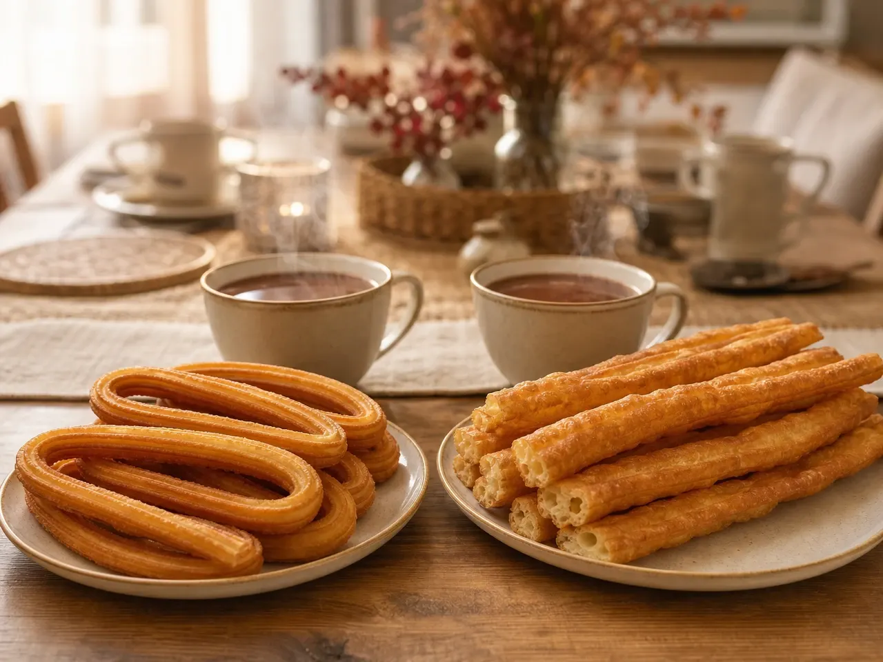 Raciones de 10 churros y 10 porras junto a chocolate caliente en una mesa familiar
