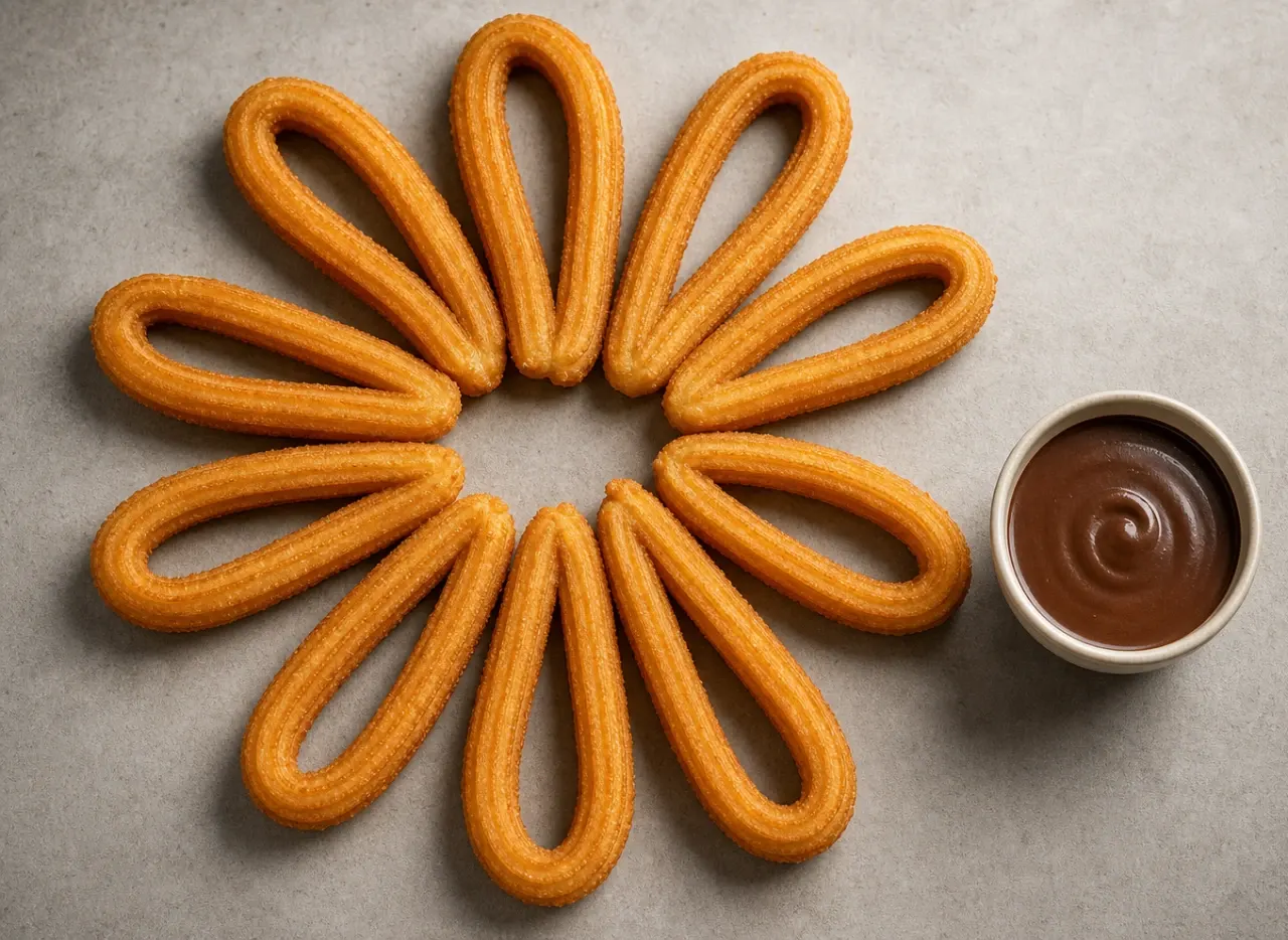 Diez churros artesanales dorados dispuestos junto a una taza de chocolate caliente