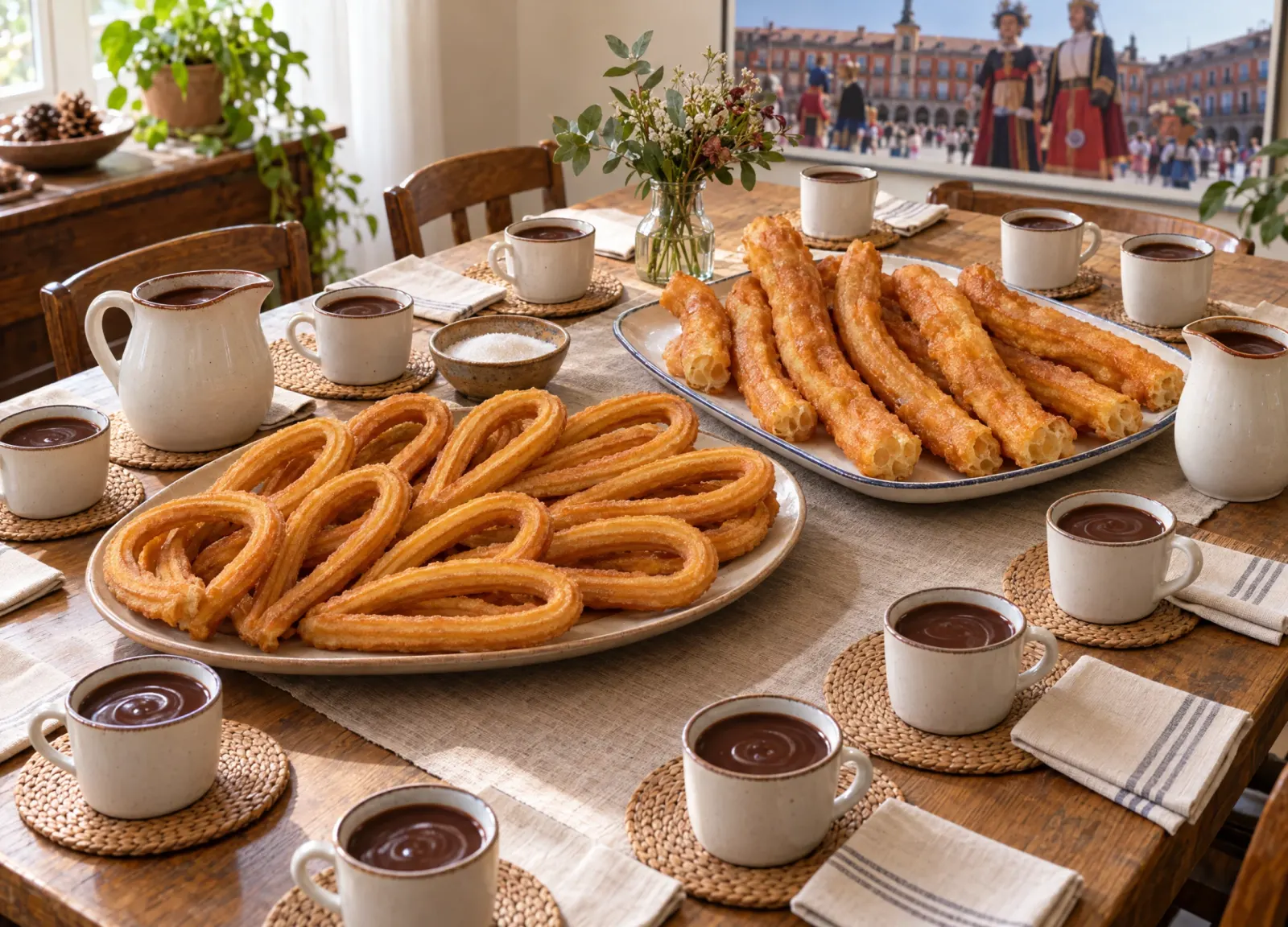 Diez churros y diez porras con chocolate cremoso dispuestos en una mesa para una reunión familiar