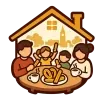 Icono de una familia reunida en torno a una mesa con churros, porras y chocolate para compartir en casa