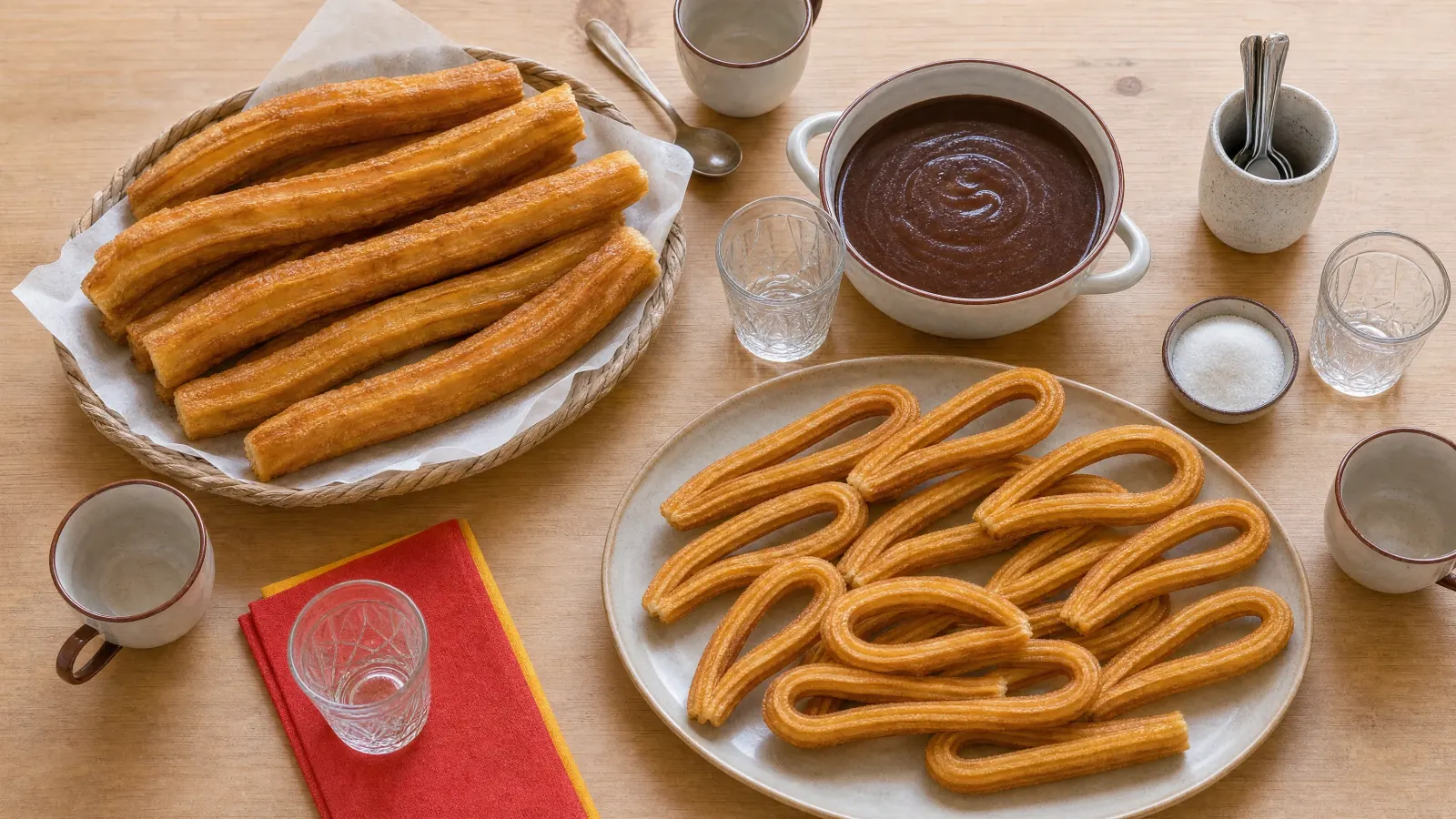Mesa festiva con churros, porras, chocolate, vasos, cucharillas, azúcar y servilletas para una reunión familiar.