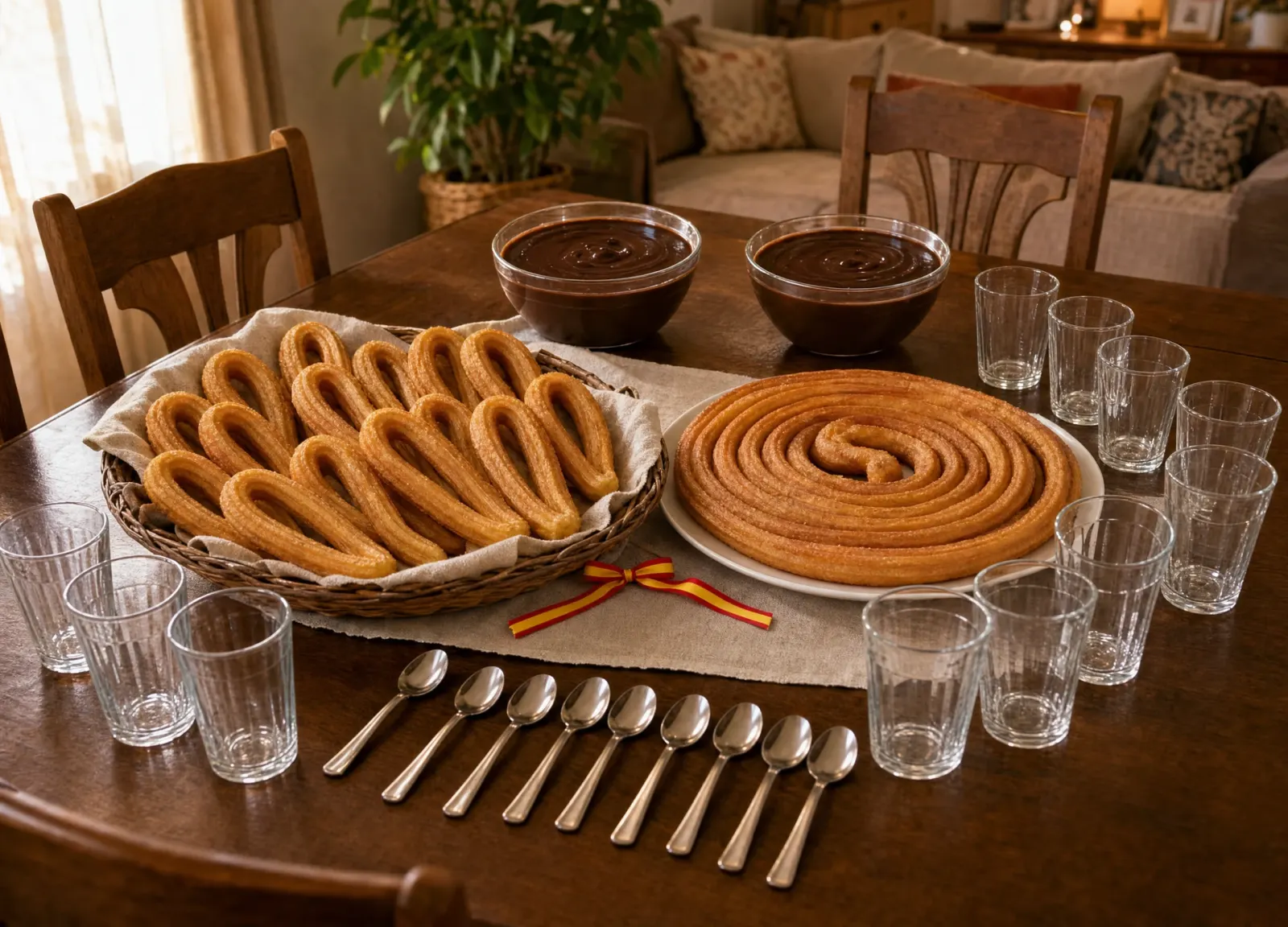 Mesa doméstica preparada para 10 personas con 20 churros, una rosquita, dos litros de chocolate, vasos y cucharillas.
