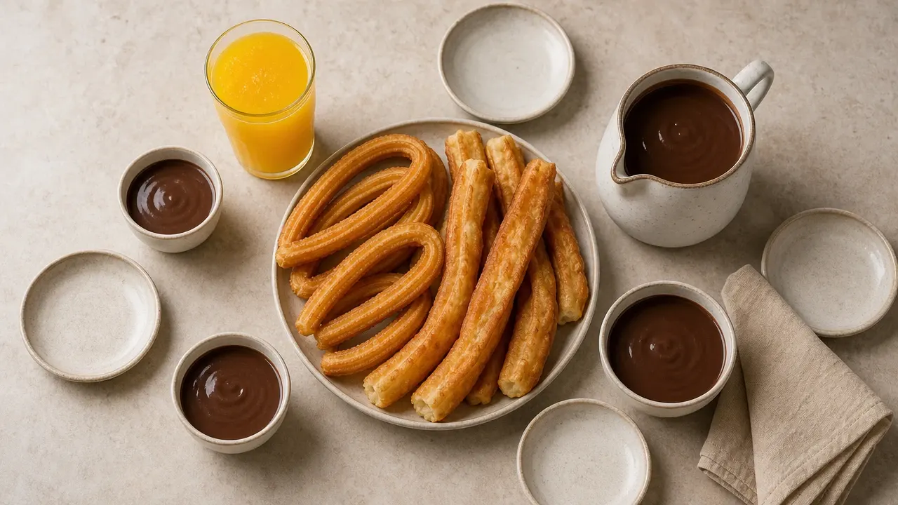 Churros, porras, chocolate, zumo de naranja y chocolate sin lactosa para compartir en Torrejón de Ardoz