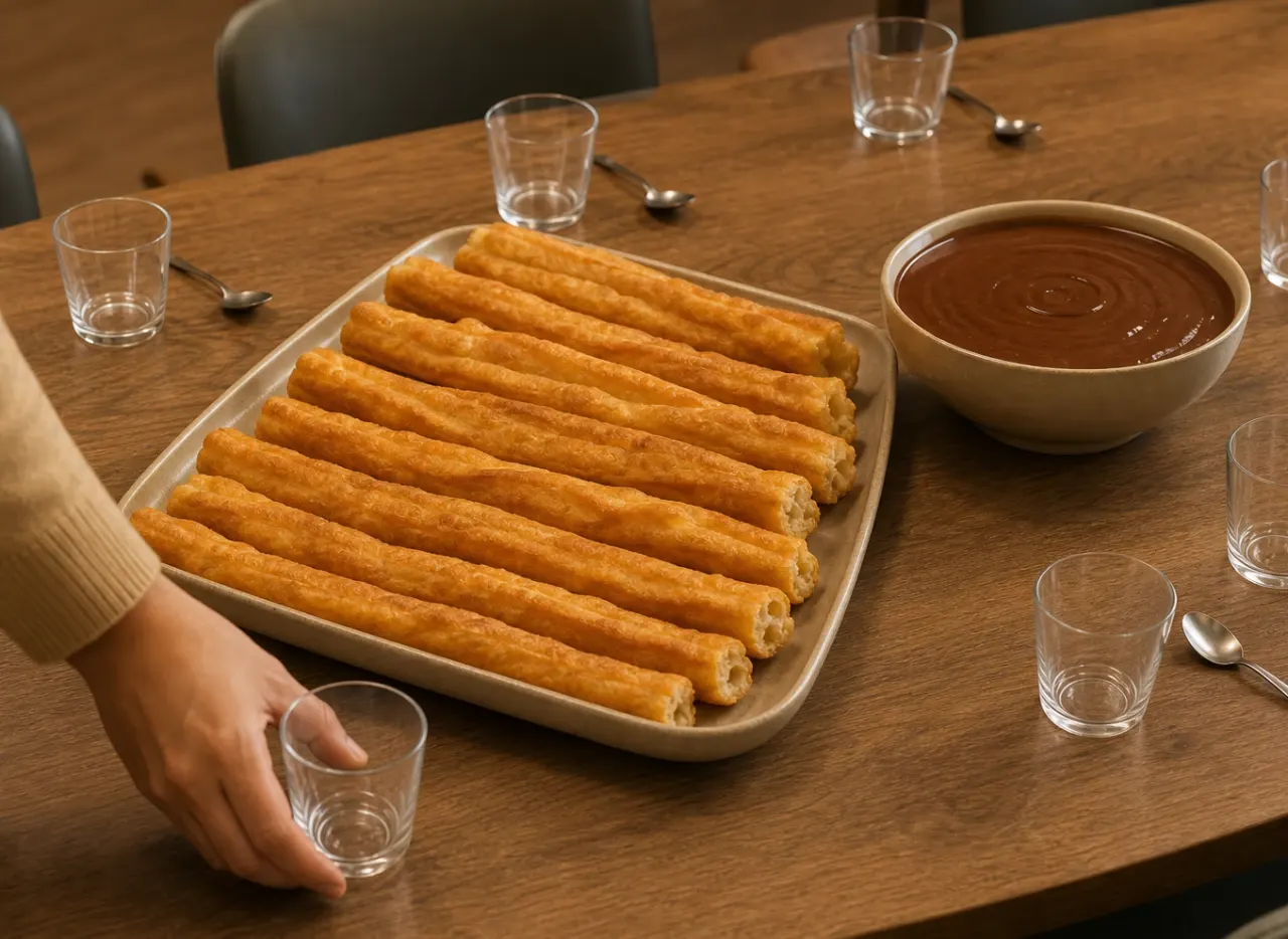 Pack SuperPorras con diez porras y un litro de chocolate, preparado para compartir en una reunión