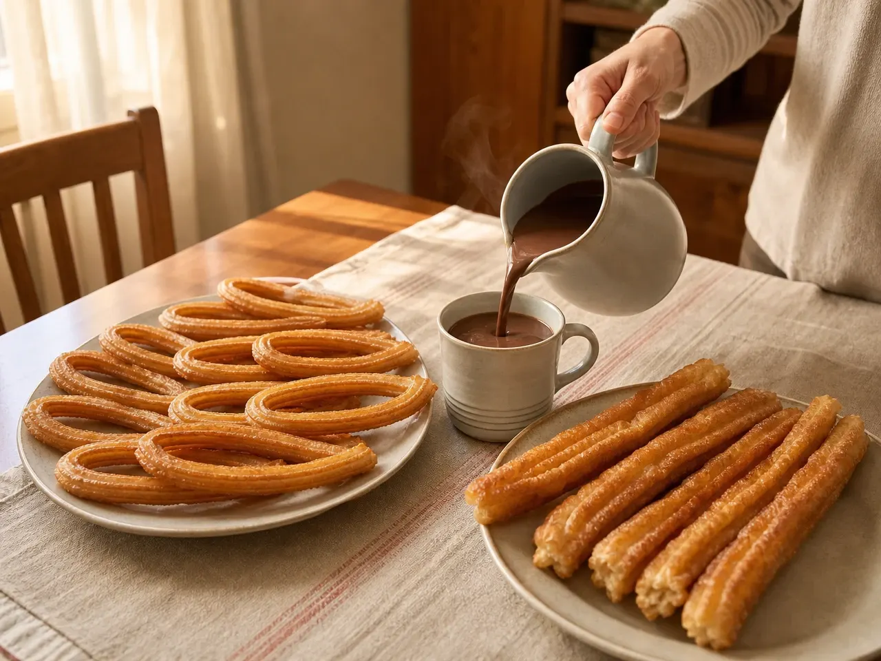 Mano sirviendo chocolate caliente junto a 10 churros y 5 porras del Pack Familiar