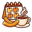 Icono de calendario junto a una taza de chocolate y formas que representan churros, para señalar las fechas de la jornada gastronómica.