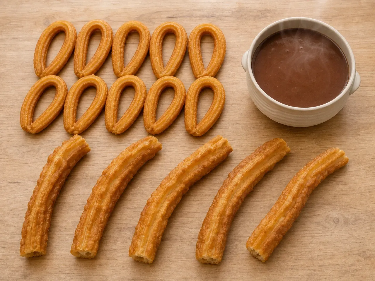 Vista cenital del Pack Invierno con 10 churros, 5 porras y un litro de chocolate sobre una mesa