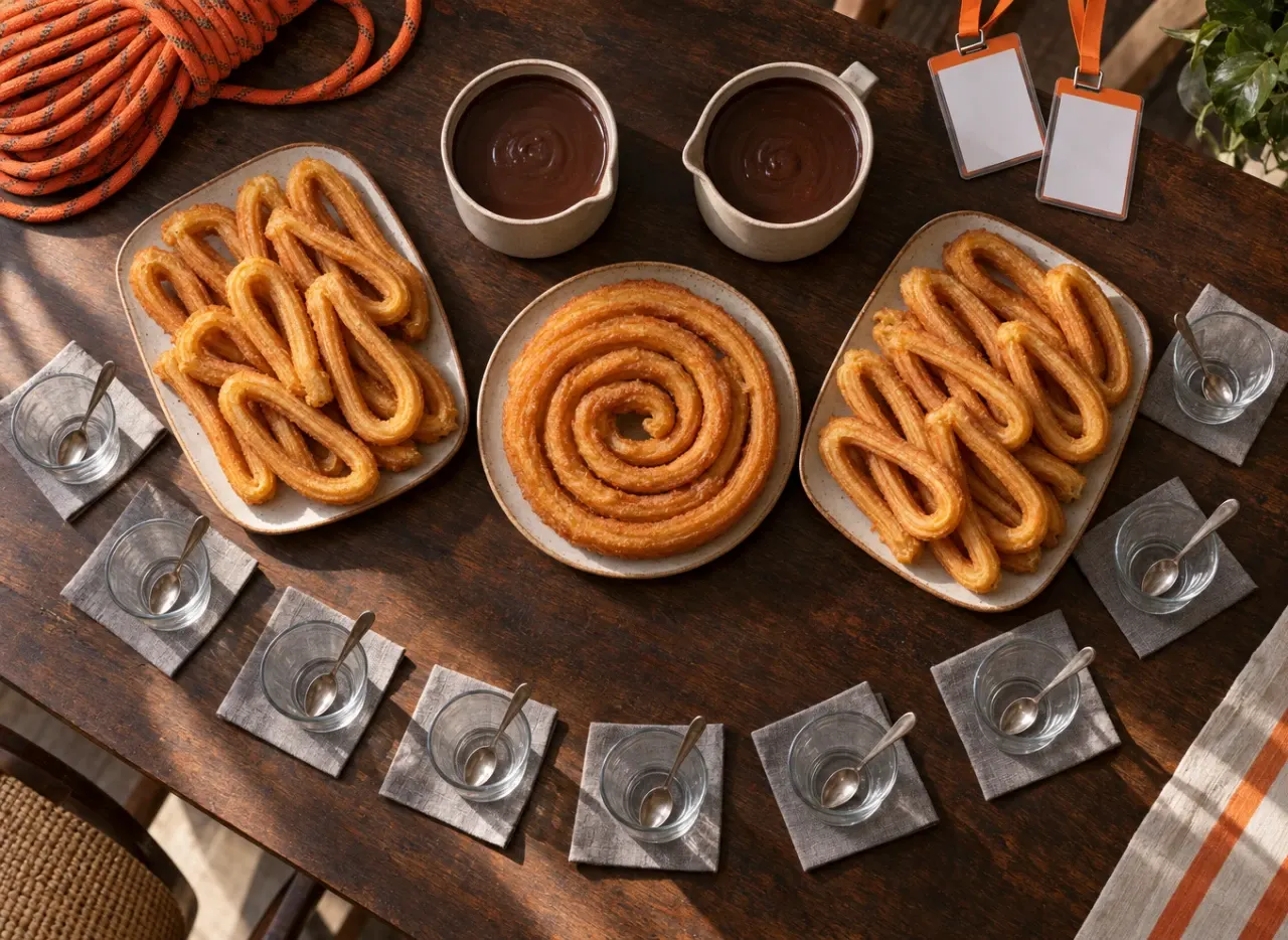 Pack para 10 personas con 20 churros, una rosquita, dos litros de chocolate, vasos y cucharillas