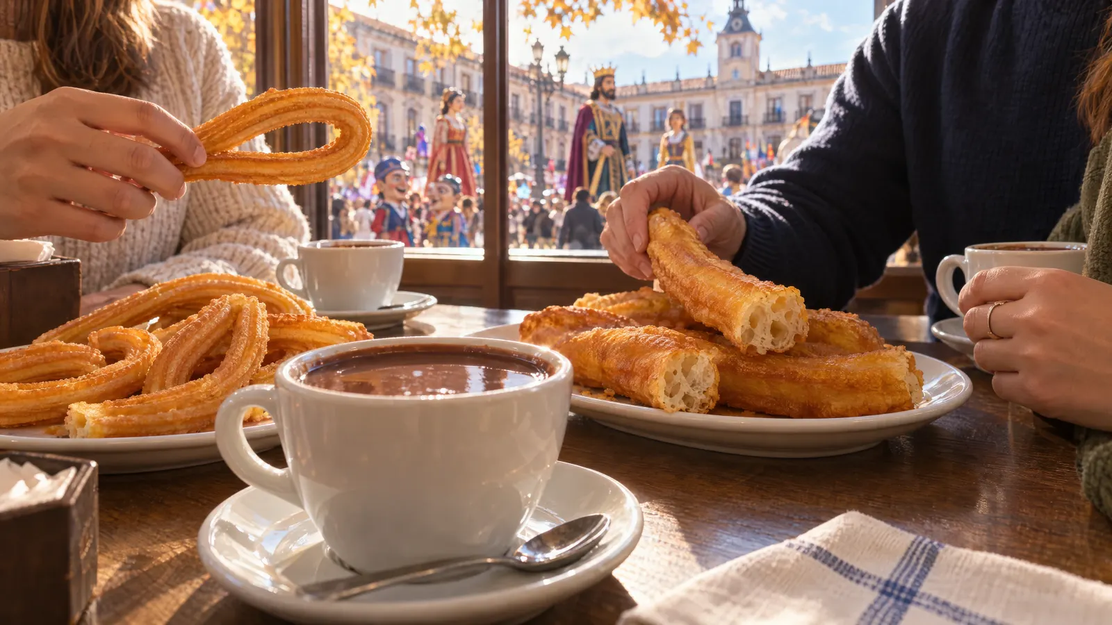 Churros, porras y chocolate compartidos junto a una ventana con vistas a la Plaza Mayor de Torrejón de Ardoz