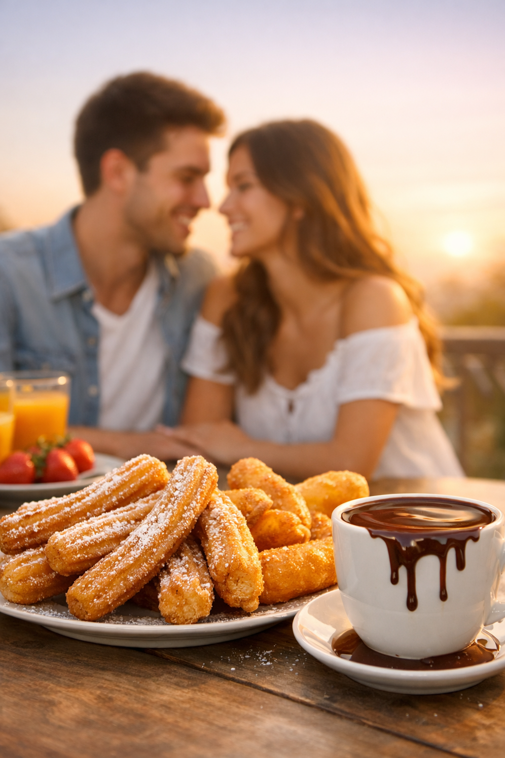 Pareja joven disfruta de un desayuno con churros dorados y porras esponjosas en primer plano, fondo cálido difuminado.