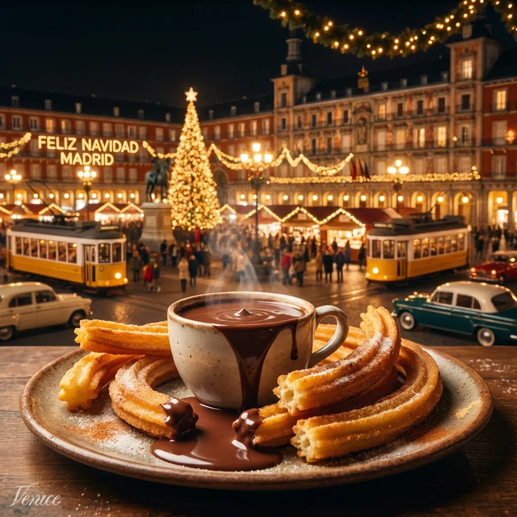 Escena navideña en Madrid con churros y porras en primer plano, todo bajo iluminación cálida.