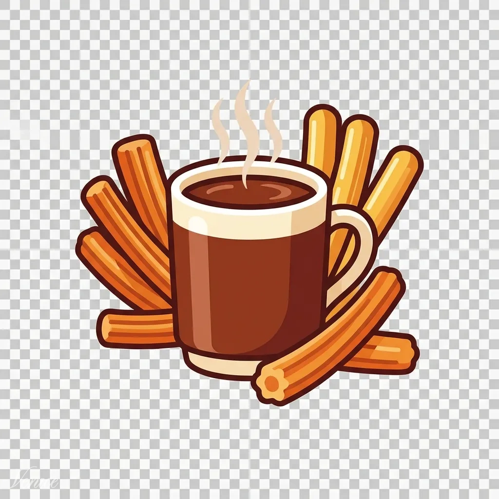 Icono de desayuno tradicional con churros, porras y una taza de chocolate caliente.
