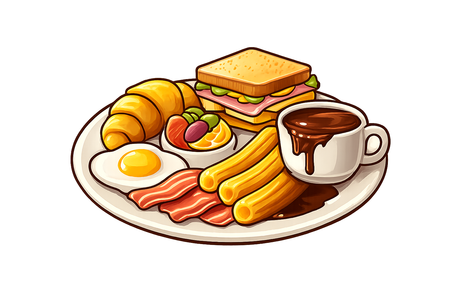 Icono de un plato con variedad de desayunos, en estilo plano y colores atractivos.