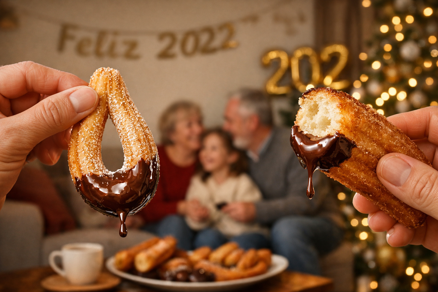 Familia disfrutando churros dorados y porras esponjosas en sala con decoración de Año Nuevo.