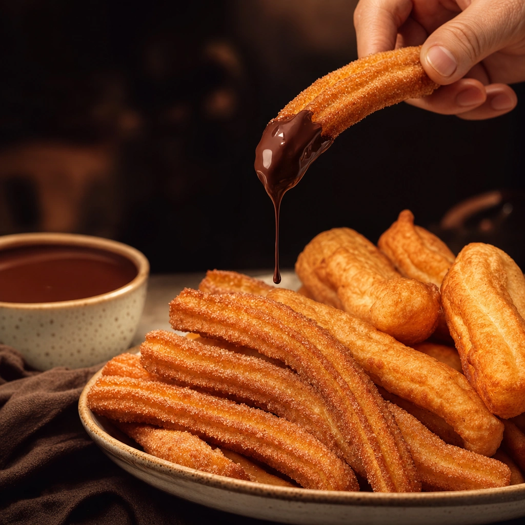 Churros y porras artesanales en plato, mano sosteniendo churro con chocolate goteando.