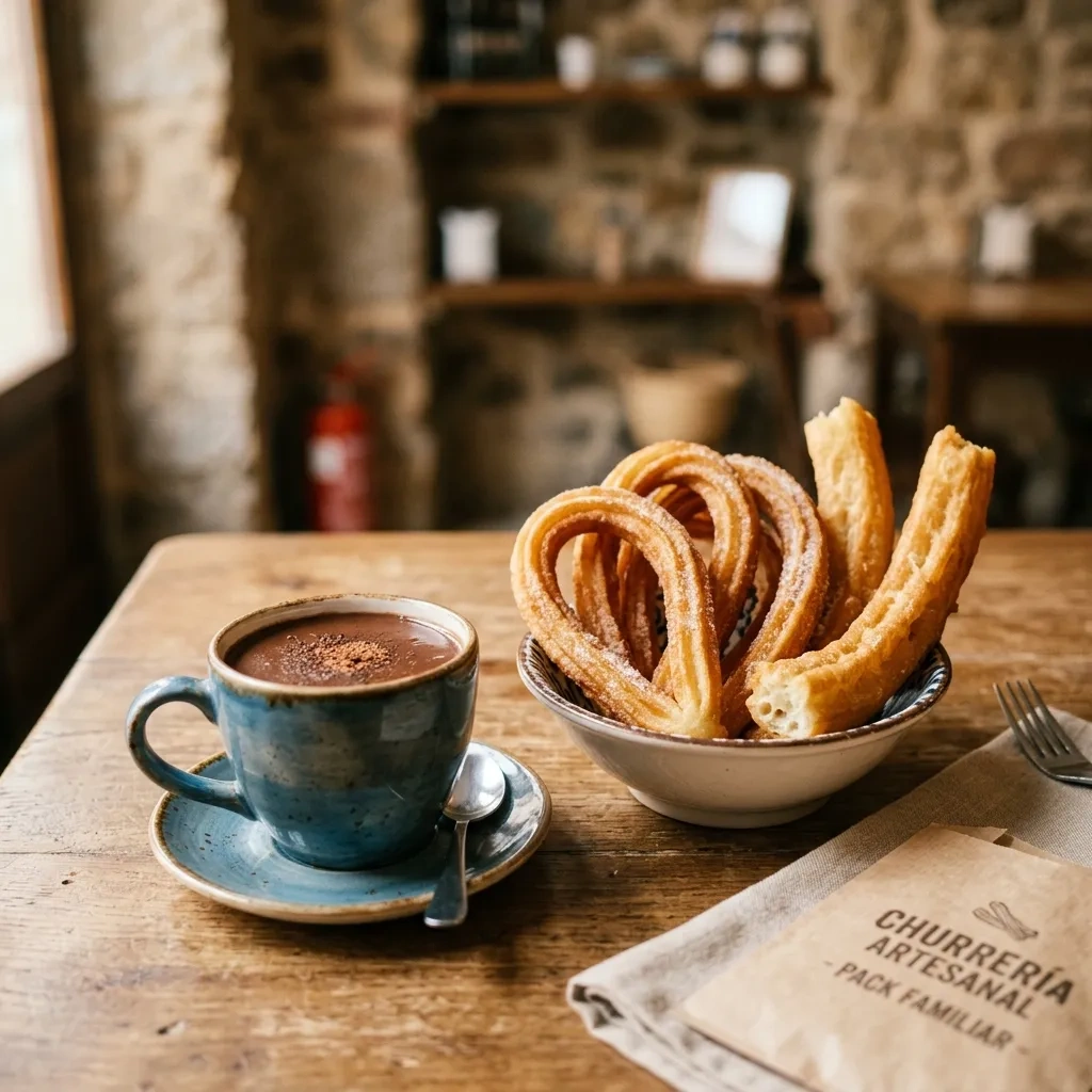 Pack familiar de churros y porras con taza de chocolate, fondo difuminado.