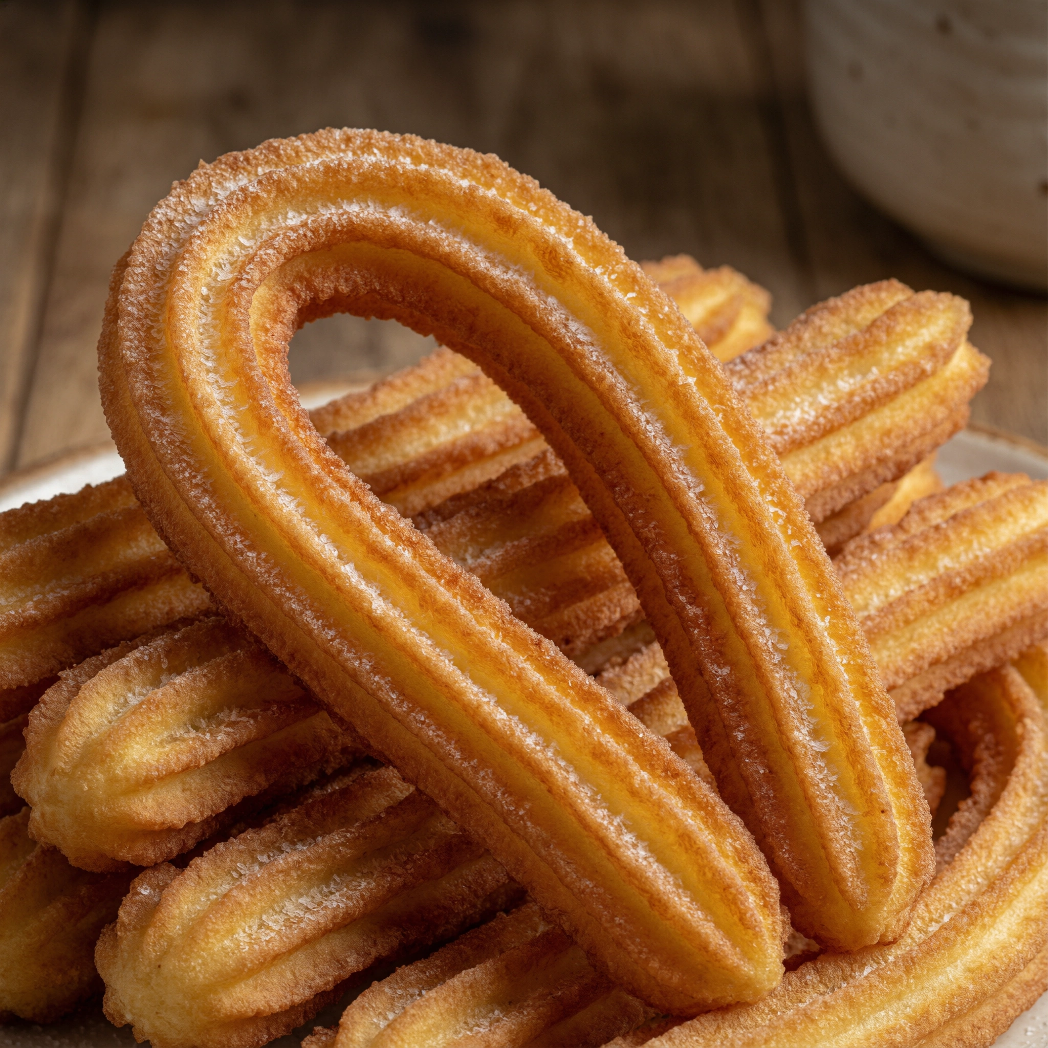 Churros frescos, crujientes y dorados, con azúcar glas y fondo desenfocado.