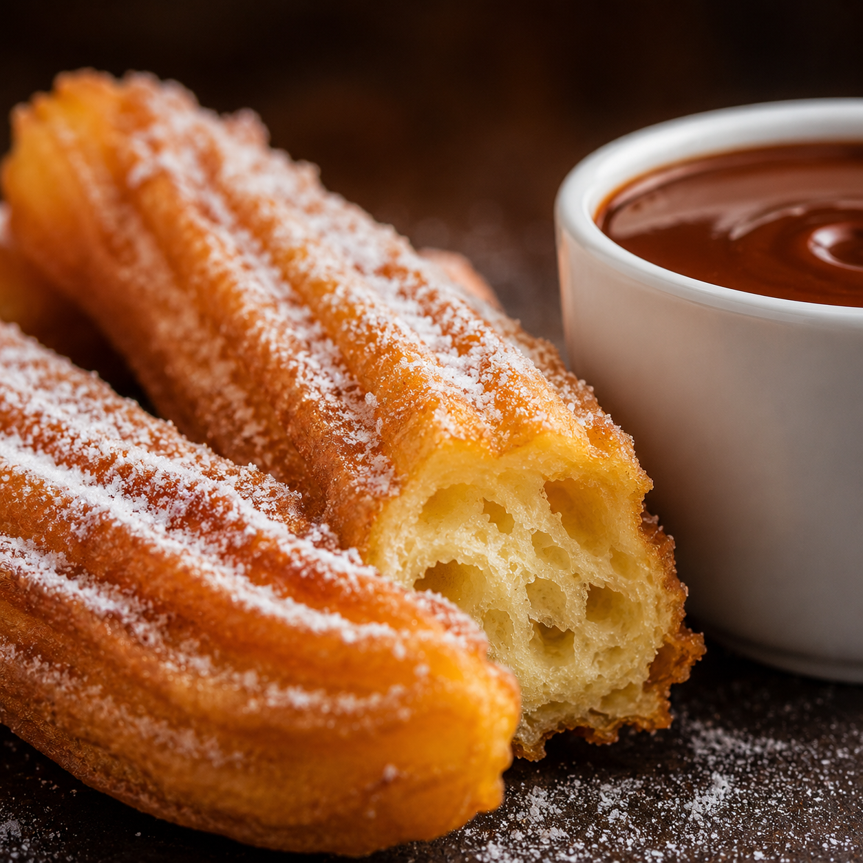 Churro largo y dorado con azúcar glas junto a taza de chocolate caliente.