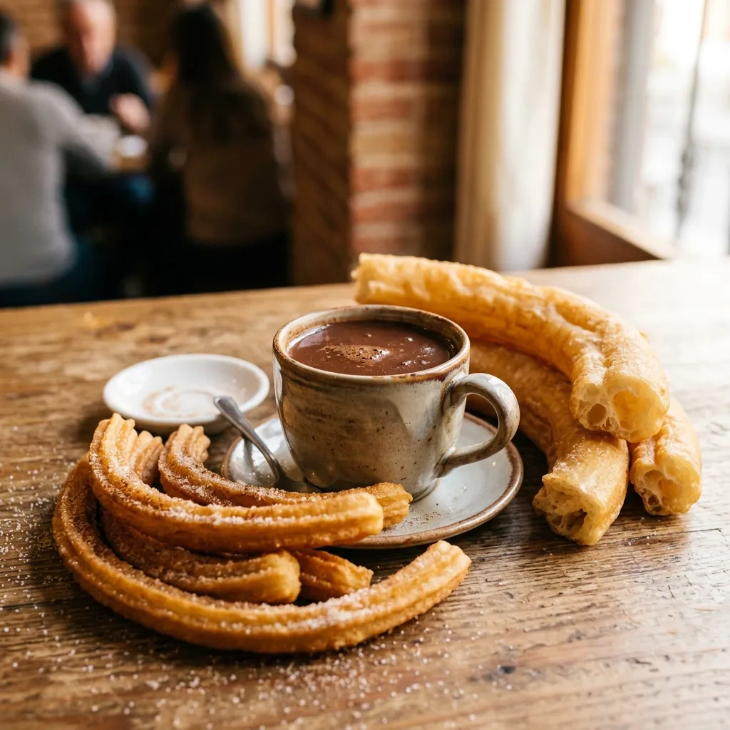 Churros y porras alrededor de taza de chocolate, luz cálida y fondo suavemente desenfocado.