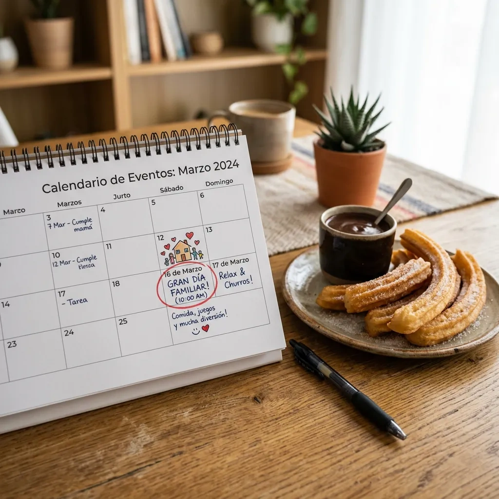 Calendario sobre mesa, fondo desenfocado, planeando evento con churros y porras.