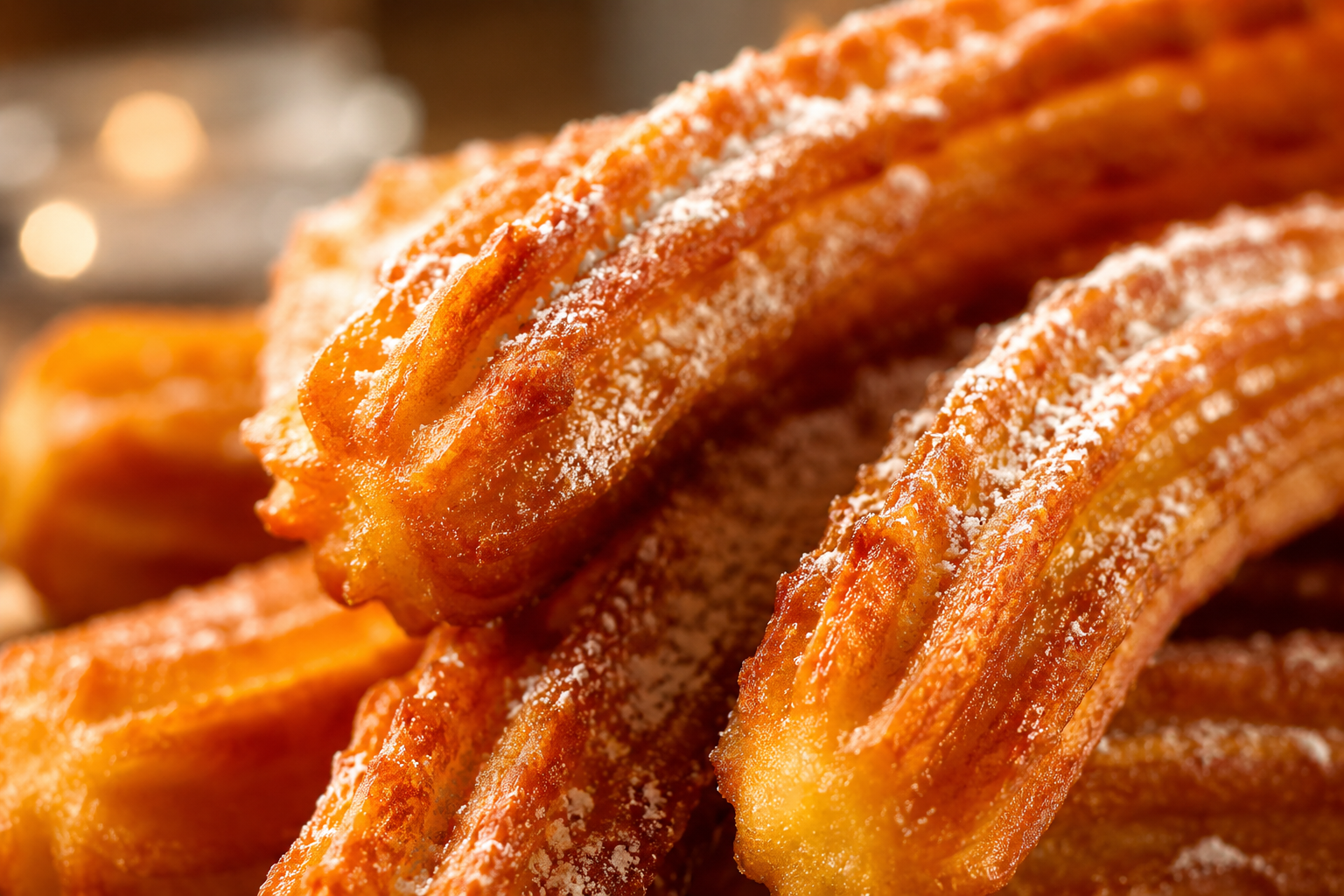 Churros dorados y crujientes con azúcar glas, detalle de textura y brillo de aceite reciente