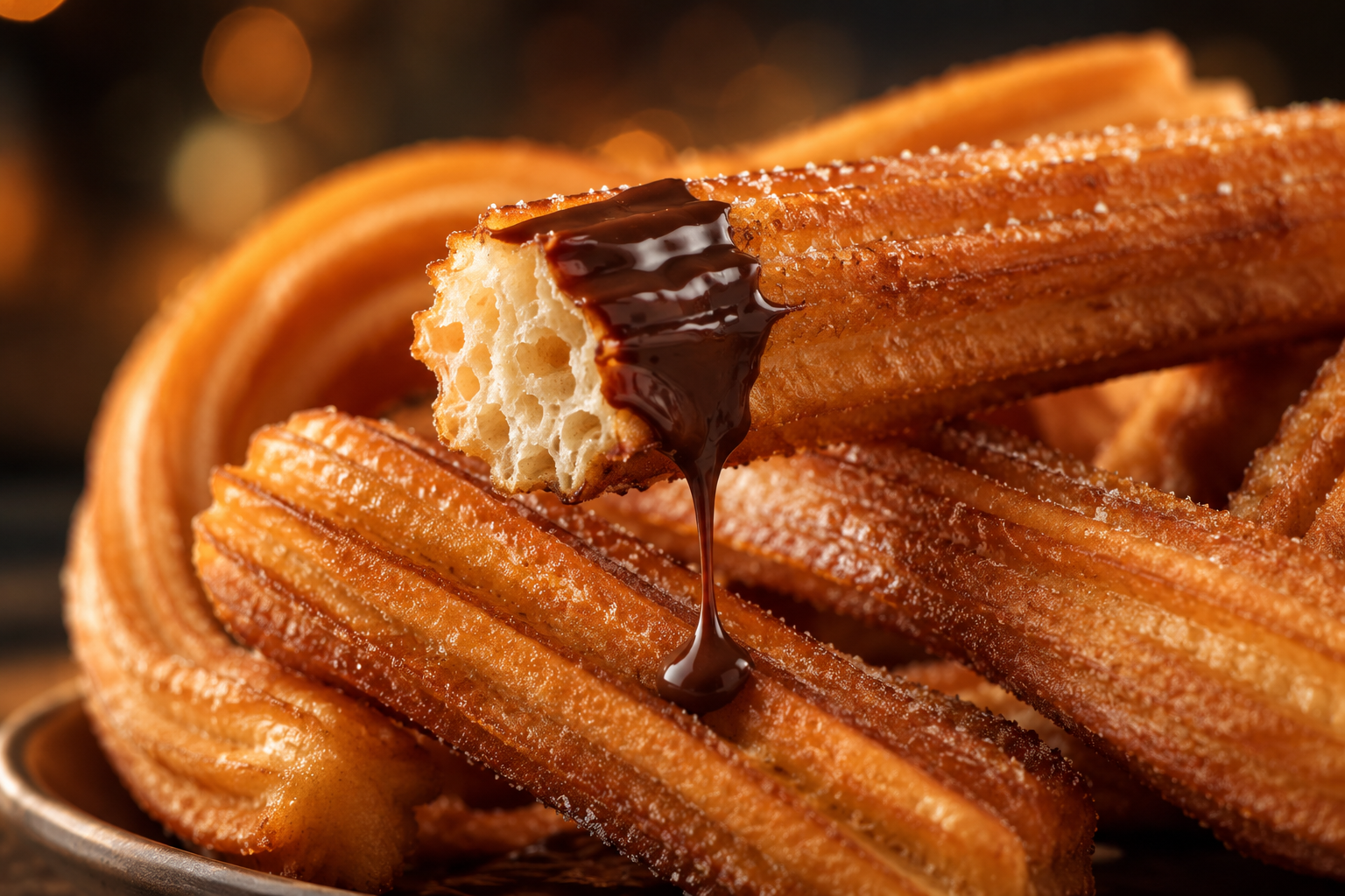 Churros y porras con chocolate goteando, textura crujiente y miga aireada, fondo difuminado