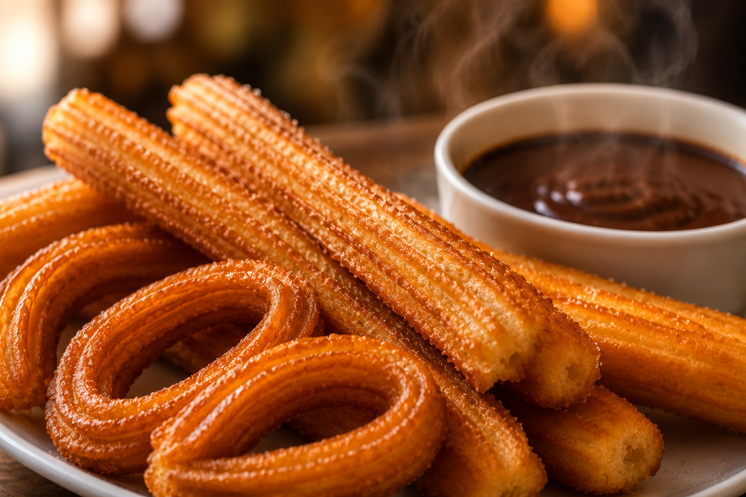 Churros dorados y porras esponjosas con chocolate espeso humeante al fondo, vapor visible