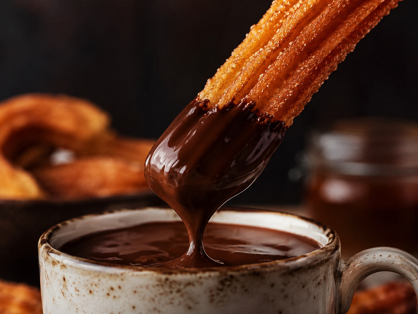 Churro mojado en chocolate espeso, brillo húmedo del chocolate, fondo difuminado