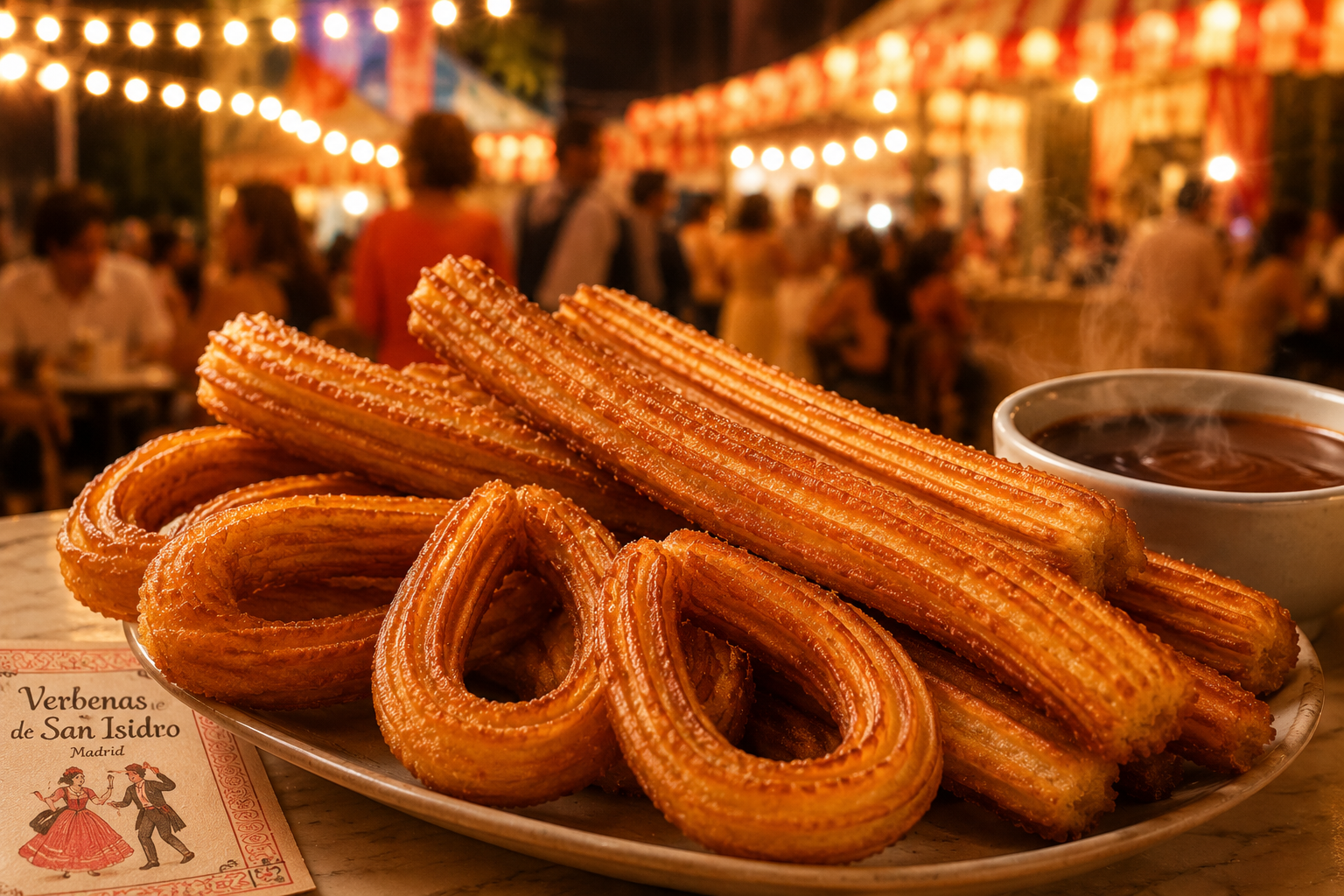 Churros y porras en entorno castizo, fondo de verbena madrileña, textura crujiente destacada