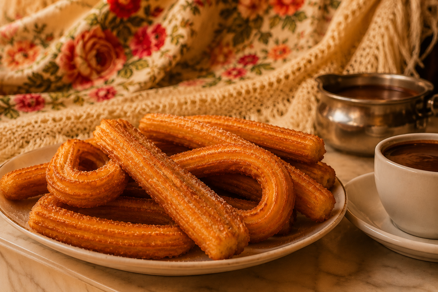Churros sobre mesa con mantón de Manila, iluminación cálida resalta detalles del producto