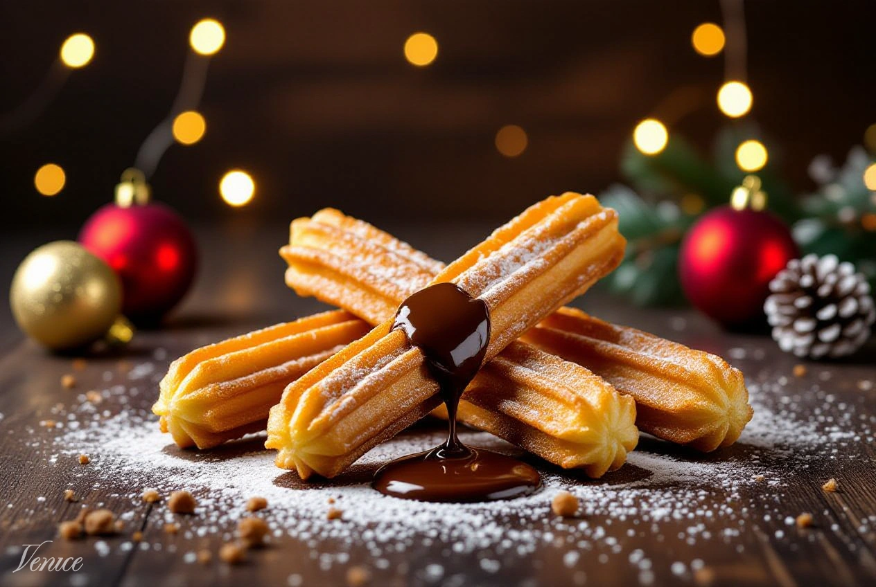 Churros y porras dorados y crujientes en un ambiente navideño con luces suaves y decoraciones típicas