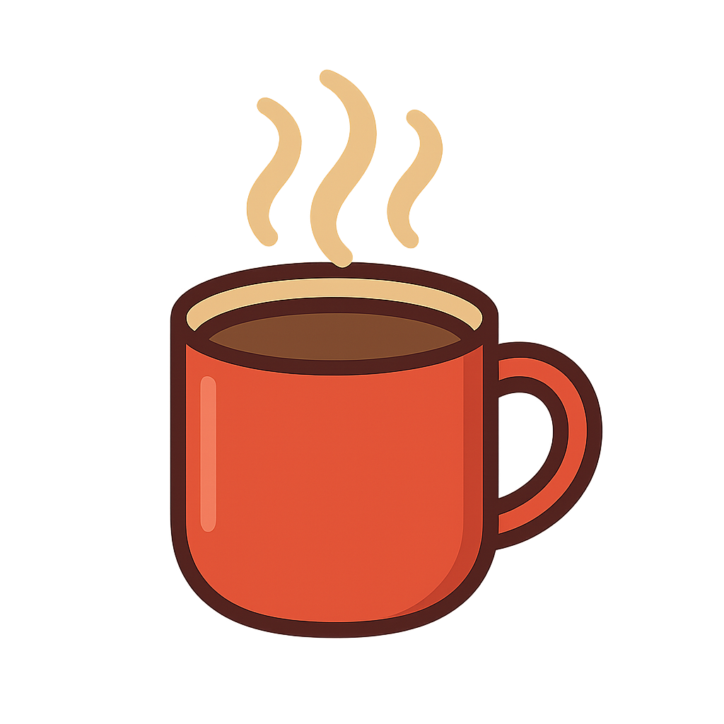 Icono estilizado de una taza de chocolate caliente con vapor en colores vibrantes