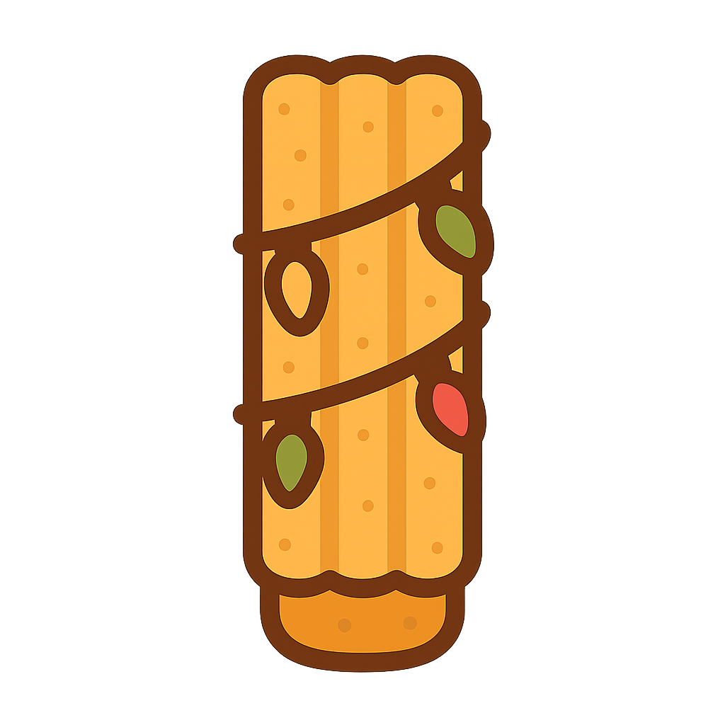 Icono de churro decorado con luces de Navidad, en estilo ilustrativo plano y moderno