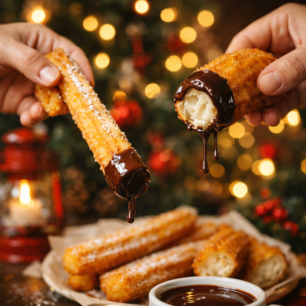 Grupo de churros crujientes con decoración navideña de fondo, iluminación que resalta su frescura.