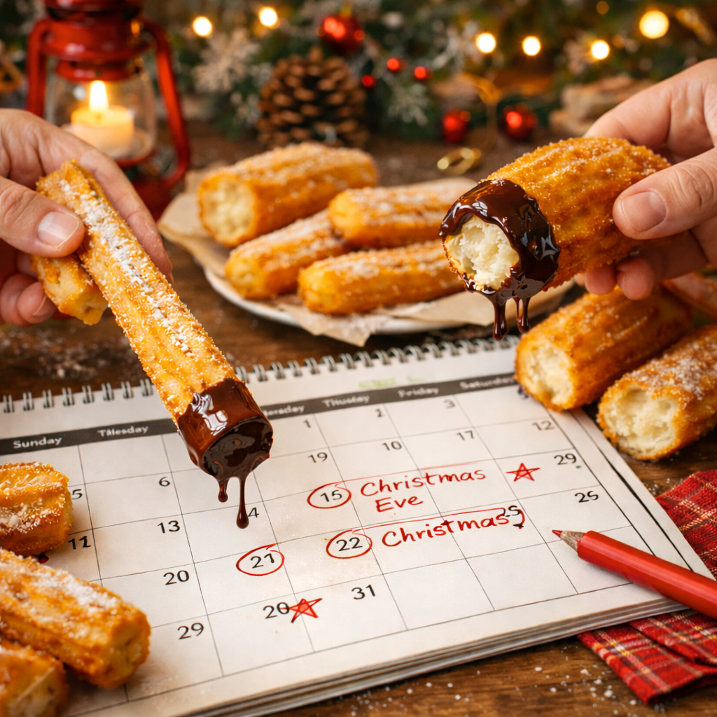 Calendario con días festivos y churros alrededor, fondo navideño cálido y festivo.